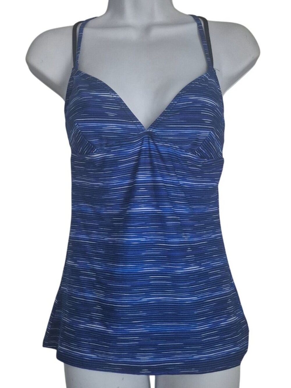 TYR Swim Top Blue Stripe Tankini With Crisscross Back Straps Womens 8 Pool